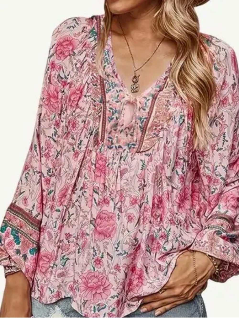 Women's Pink Floral Boho Blouse